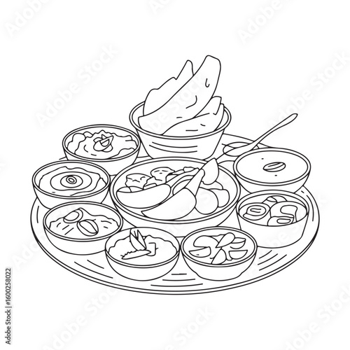 A Delicious Thali Meal Featuring an Assortment of Indian Cuisine Served on a Round Tray with Multiple Dishes