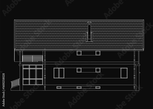Black and white house blueprint with a pitched roof design, featuring detailed contour lines and precise measurements. The technical drawing highlights the roof layout and structural dimensions.