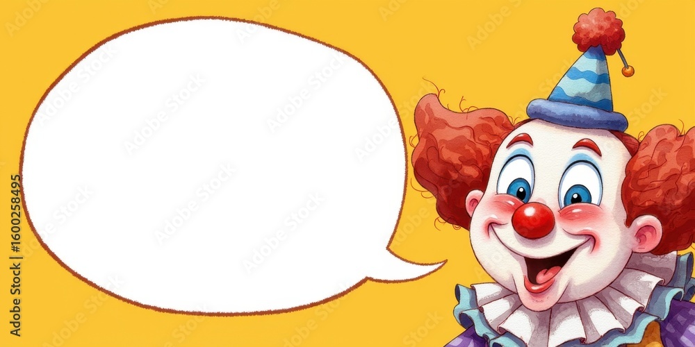 Obraz premium Cartoon clown smiling with empty speech bubble on yellow background 