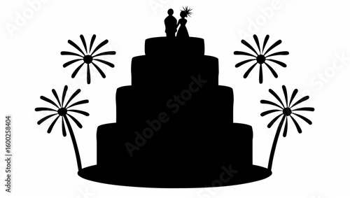 Silhouette of a four tiered wedding cake topped with a bride and groom figurine and fireworks around it