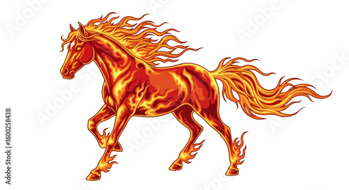 Fiery horse ablaze with dynamic energy is shown in detailed illustration. Fiery horse, engulfed in flames, gallops with blazing mane and tail. This Fiery horse embodies power and passion,