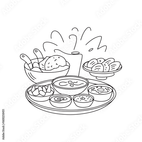 Elaborate Nepali Thali Feast Featuring Rice, Lentils, Vegetables, Curries, and Sel Roti Sweets Ready to be Savored