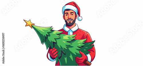 Cheerful man dressed as Santa carrying Christmas tree with star for holiday celebration. Christmas tree makes for festive mood, emphasizing the spirit of vector1907,