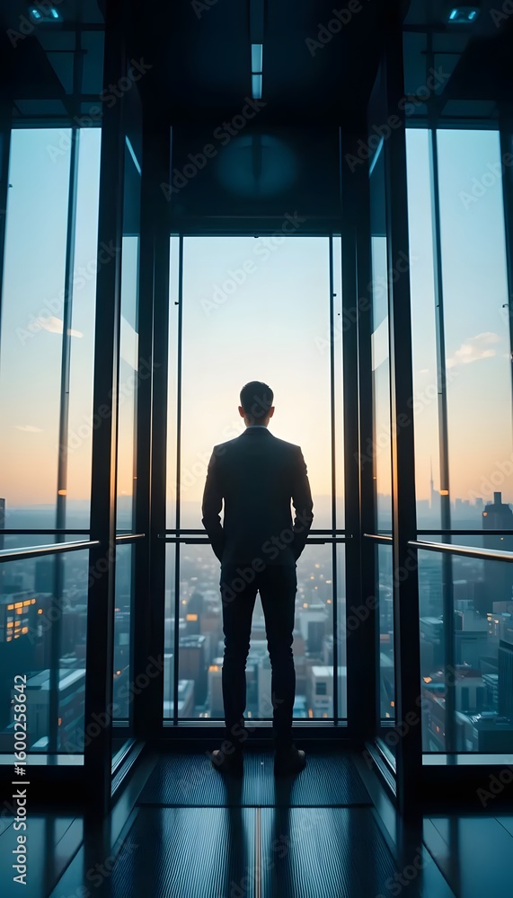 Fototapeta premium Businessman looking at city skyline success motivation leadership high rise building view