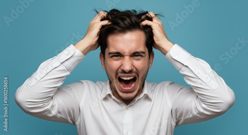 Man Pulling Hair in Frustration in Studio