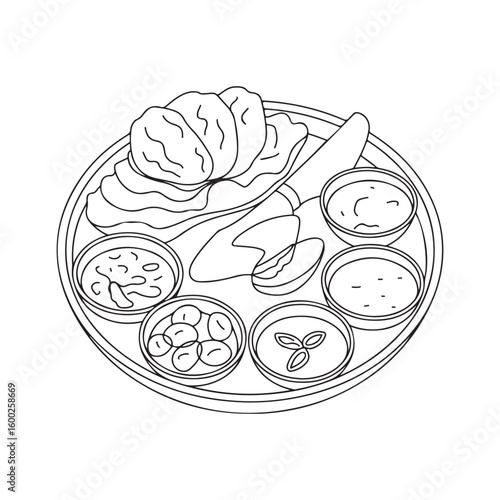 Delicious Indian Thali Presentation Featuring Various Dishes in Bowls and Bread, Complete with a Knife, Line Art Style Illustration