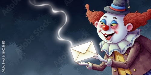 Happy clown holding a magical envelope with a joyful expression  