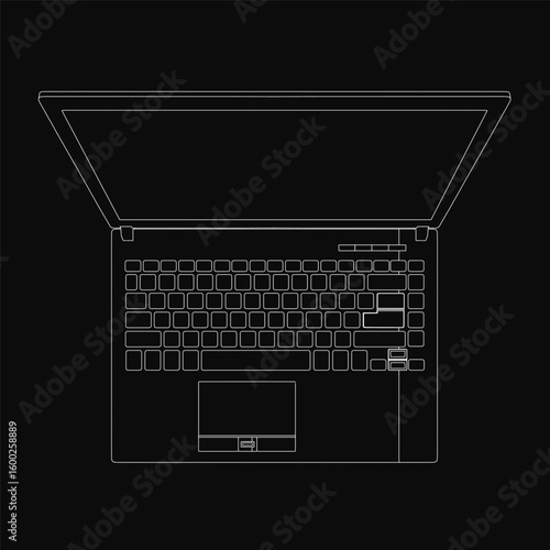 Black and white line drawing of a laptop computer with clean contour lines on a dark background. Minimalist design with sharp edges and no shading. Perfect for tech-related projects, presentations.