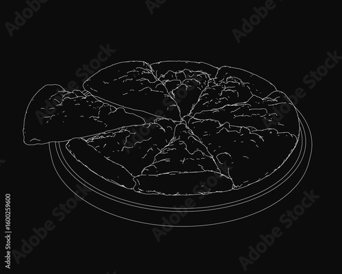 A white pizza slice contrasts sharply against a dark black background, emphasizing its crisp outline and textured surface. The minimalist composition highlights the play of light and shadow, creating.