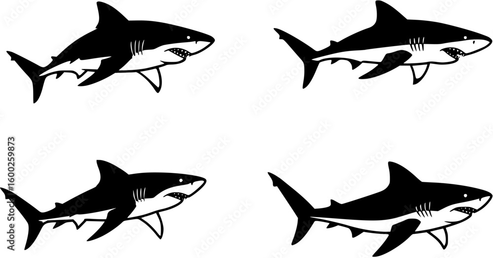 Obraz premium four vectors of sharks, black and white 
