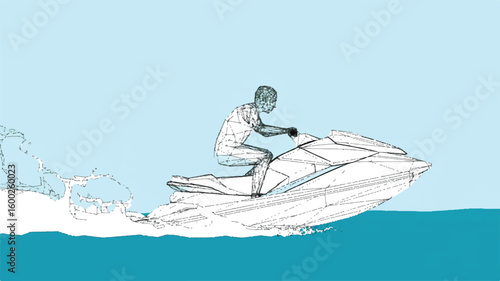 Man riding a personal watercraft with splashes in clear blue water