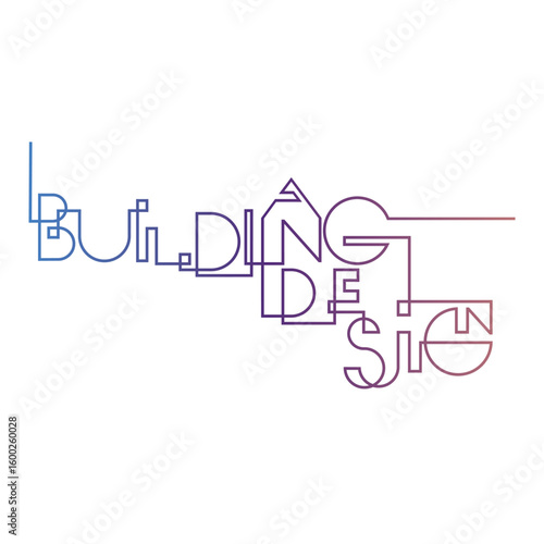 A stylized vector logo with the words "Building Design" in a continuous line style, flowing smoothly from letter to letter using clean geometric shapes with a gradient transition from blue to purple. 