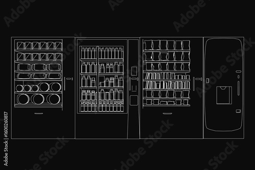 A black and white contour drawing of a refrigerator filled with various items like bottles and glasses, resembling a vending machine. The minimalist line art features clean outlines and a detailed.