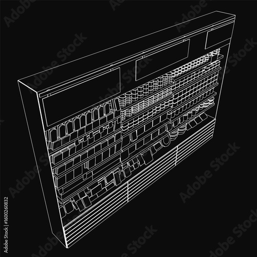 A black and white line drawing of a grocery store features neatly stocked shelves filled with fresh fruits, crisp vegetables, and packaged goods. Clean contour lines highlight the counter, organized.