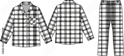 Plaid pajama set front and back view, button-up shirt, chest pocket, lounge pants, sleepwear, cad drawing flat vector illustration