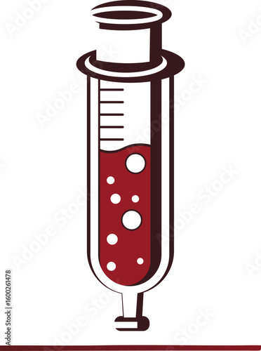 Minimalist Line Art Syringe with Blood Sample and Bubbles: Medical Testing and Diagnosis Symbol