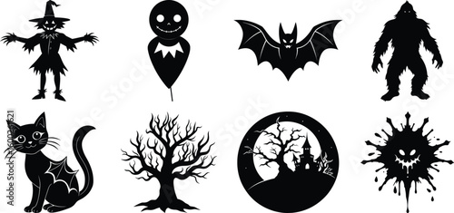Set of halloween silhouettes black icon Vector illustration. Isolated on white background.