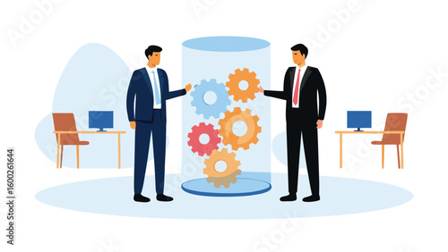 Two business men standing beside a cylinder with gears in an office environment with desks present