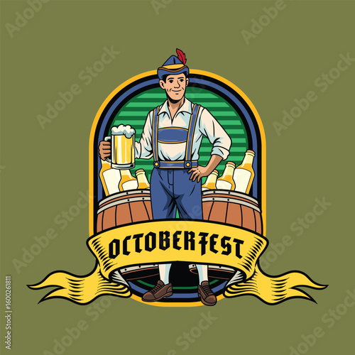 Smiling man in traditional Bavarian attire holding beer, standing between barrels with festival text banner