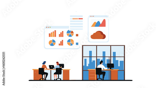 Illustration of office workers analyzing data dashboards and cloud computing solutions at desks