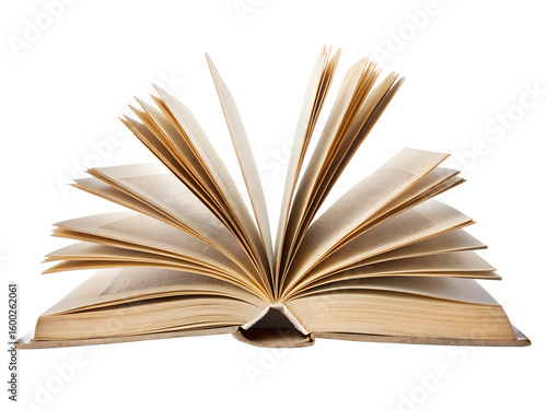 An open old book with many pages is displayed against a clean transparent background in a studio setting