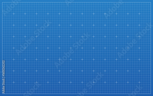 Blueprint background with grid and cross marks. Engineering, architecture or technology design template. Clean technical layout with lines. Tech paper sheet. Blue lined texture. Vector illustration.