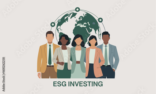 A diverse team of business professionals stands together, symbolizing global collaboration and responsible ESG investing in a modern flat vector illustration.