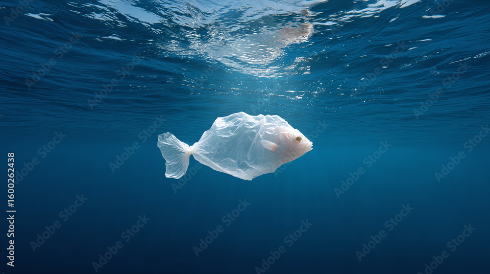 Fototapeta premium A plastic bag shaped with a fish, floating in the ocean. 