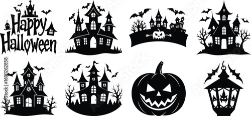 Set of halloween silhouettes black icon Vector illustration. Isolated on white background.