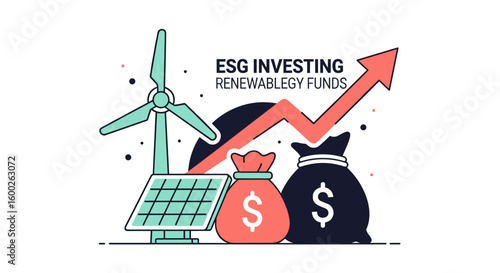 An illustrative concept depicting ESG investing in renewable energy funds, featuring a wind turbine, solar panel, money bags, and an upward growth arrow.