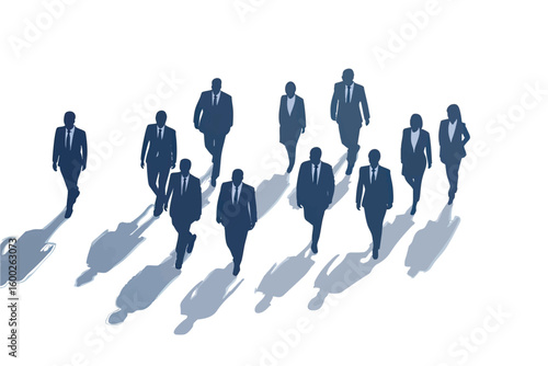 Silhouettes of business people walking with shadows on white