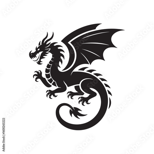 Majestic Black Dragon Silhouette with Spread Wings and Open Mouth - Mythical Creature Vector Illustration for Fantasy, Gaming, and Logo Designs

