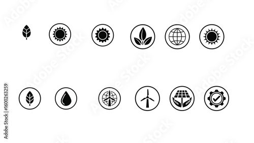 eco and nature icons collection with leaf, sun, water, energy, and globe symbols

