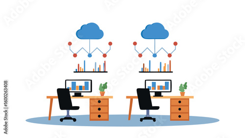 Illustration of two office desks with computers connected to cloud analytics platforms in a workspace