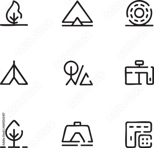 Camping and nature vector icon set minimalist style,editable stroke tent,tree,forest,wheel,house,cabin,fire,dice,mountain,campground,adjustable line weight