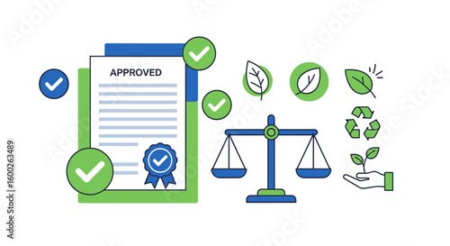 An illustration depicting environmental compliance and sustainability, featuring an approved document, legal scales, and eco-friendly symbols.