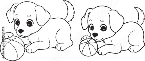 Two adorable puppies playing with balls silhouette