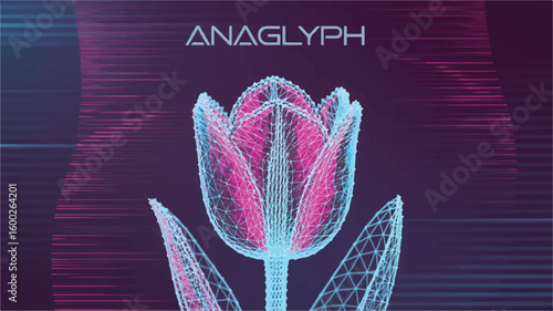 A digital illustration of a vibrant tulip created with a glowing polygonal wireframe and a retro anaglyph 3D effect.
