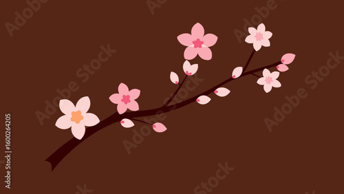 Beautiful branch adorned with pink cherry blossoms on a rich brown background