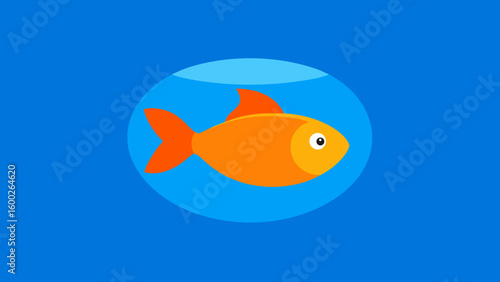 Simple cartoon illustration of a bright orange goldfish inside a fishbowl on blue background