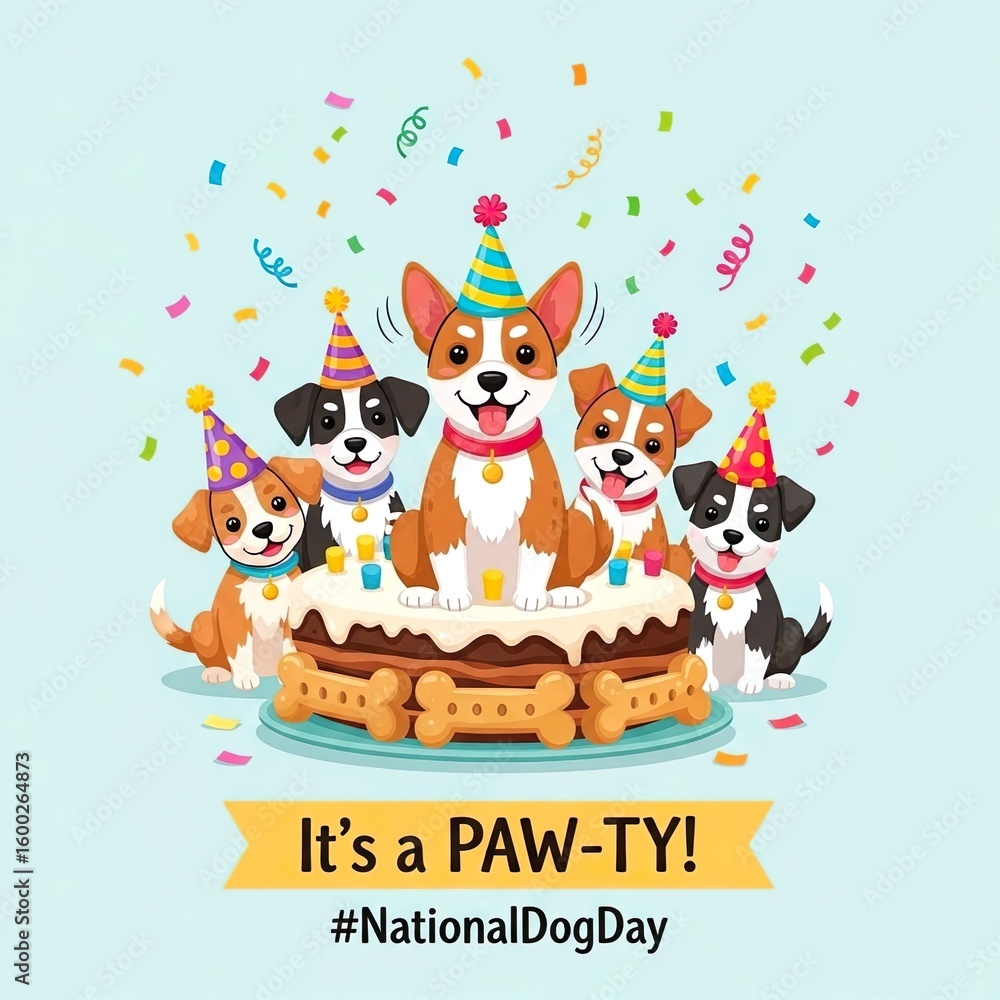 Naklejka premium Happy Paw-ty Celebration with Cute Dogs Wearing Party Hats and Birthday Cake