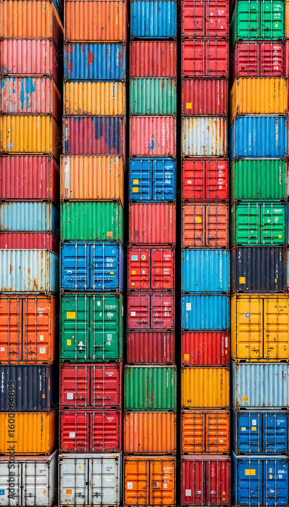 Fototapeta premium Symmetrical wall of colorful shipping containers in vivid industrial tones 