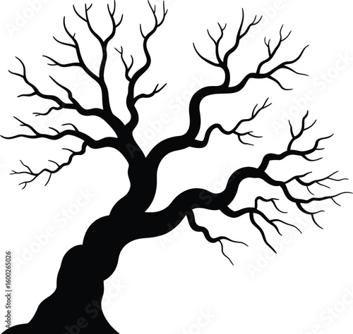 Silhouette of a bare tree with twisted branches a stark black shape against a white background perfect for Halloween designs or nature themed illustrations and
