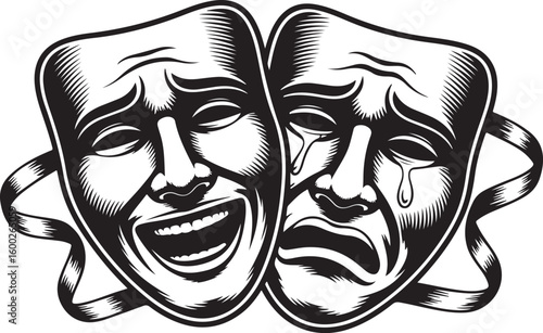 Comedy and Tragedy Masks with Ribbon Vector Illustration for Theater
