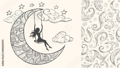 Silhouette of a girl on a swing hanging from a crescent moon with stars and clouds surrounding it