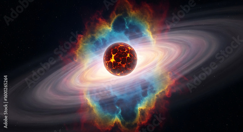 A vibrant cosmic illustration featuring a central celestial body surrounded by swirling nebula clouds