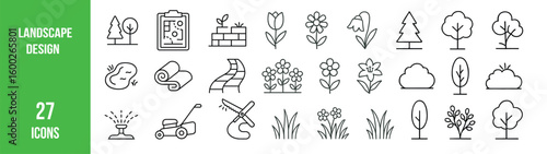 Minimalist icon collection featuring landscape design elements like trees, flowers, garden tools, lawn care, and decorative planting layouts.
