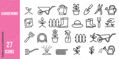 Collection of 27 minimalist line-style gardening icons featuring tools, plants, pots, gloves, fences, watering cans, and boots.

