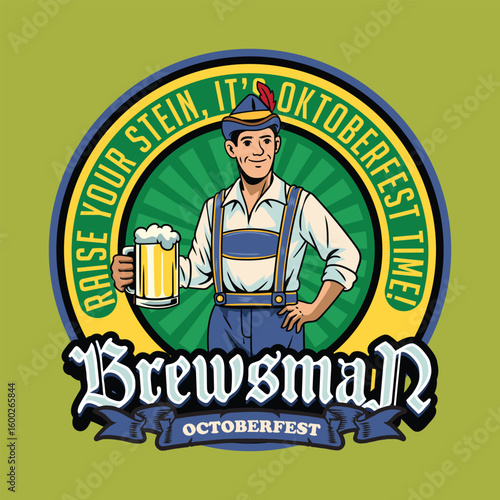 Smiling man in traditional Bavarian outfit holding beer mug, with Oktoberfest festival background design