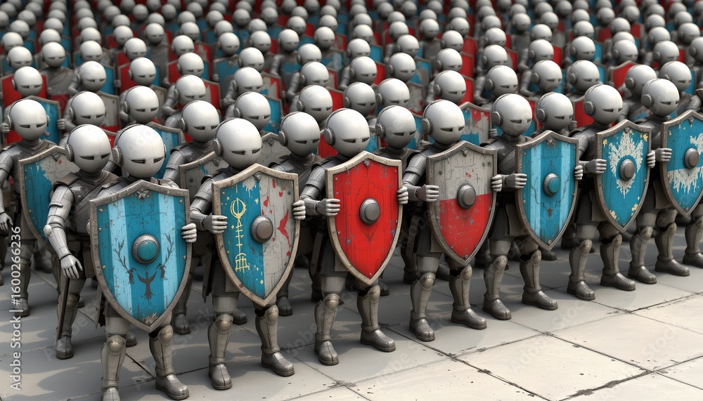 Obraz premium Steel robot soldiers with battle helmets and shields standing in formation on tiled surface, futuristic armored warriors prepared for combat or defense scenario